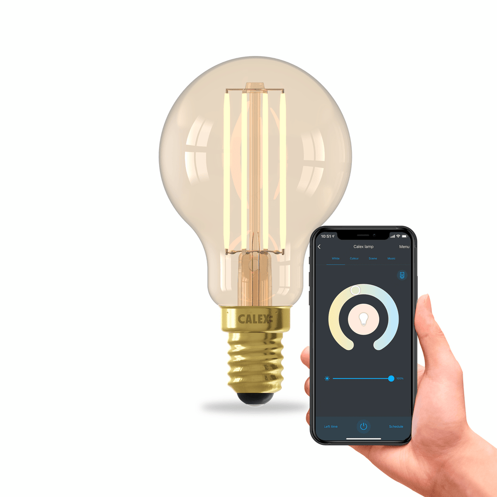 Calex Smart LED Lampe – E14 – Filament – P45 – Gold – Warmweiß– 4,9W