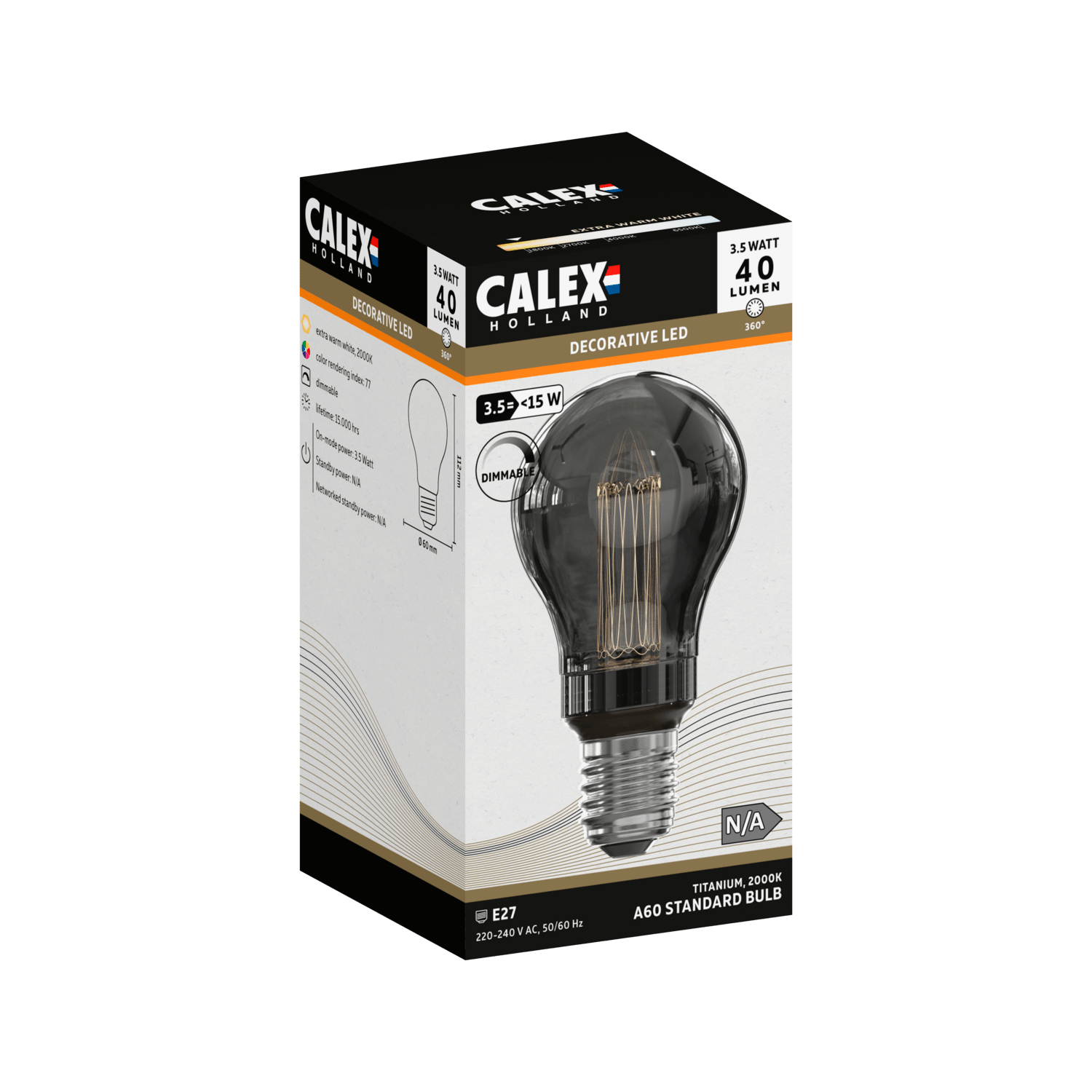 Calex Crown LED Lamp - E27 - A60 - Titanium - 3.5W - Dimbaar