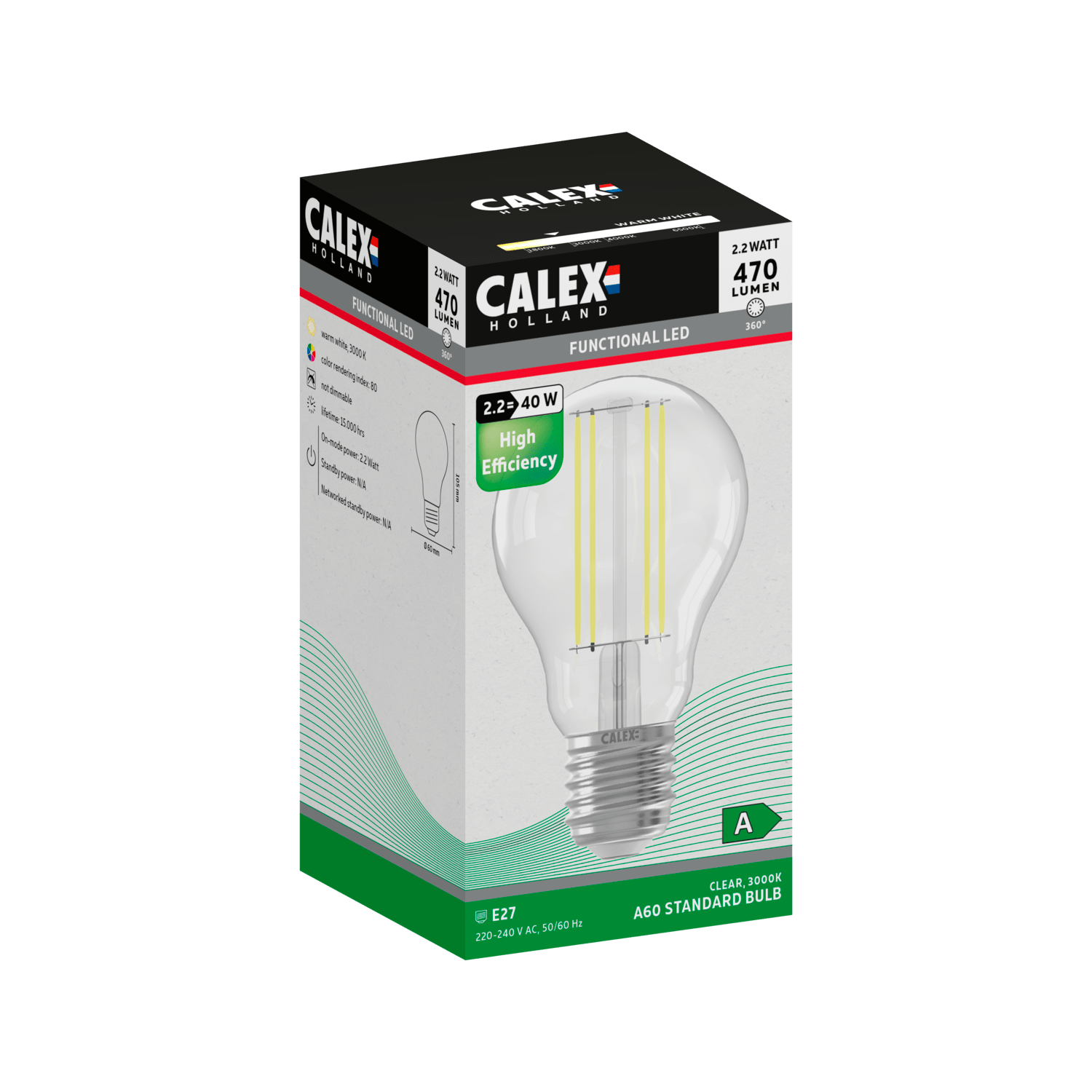 Calex Filament LED Lamp - E27 - A60 - Helder - 2.2W - Hoge Efficiëntie