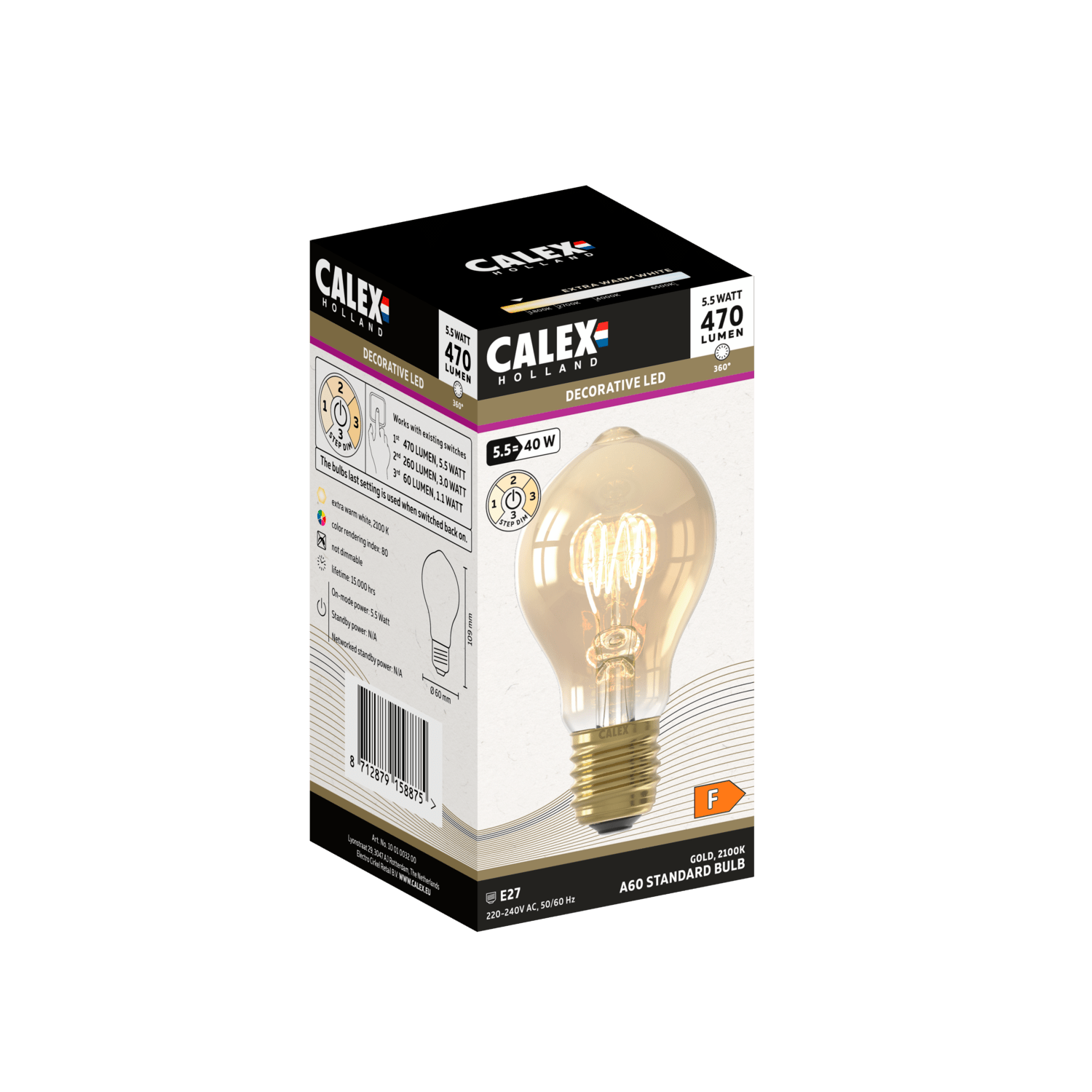 Calex Flex Filament LED Lamp - E27 - A60 - Goud