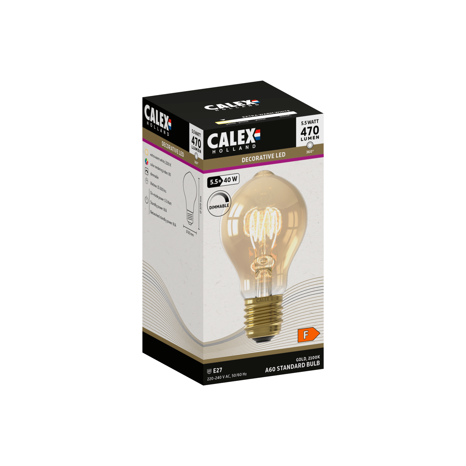Calex Lampe LED à filament  Flex - E27 - A60 - Or