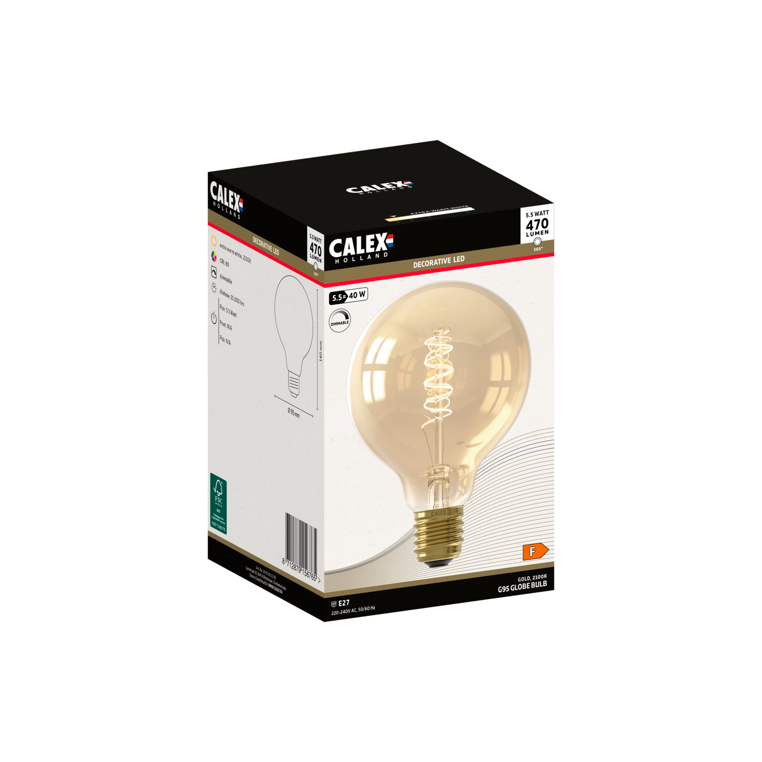 Calex Flex Filament LED Lamp - E27 - G95 - Gold