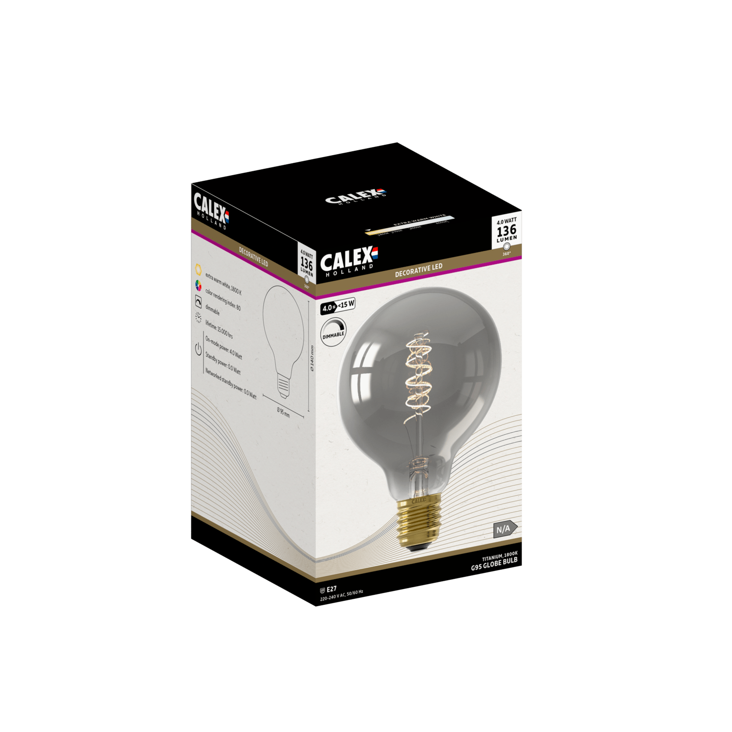 Calex Spiral Filament LED Bulb - E27 - G95 - Titanium