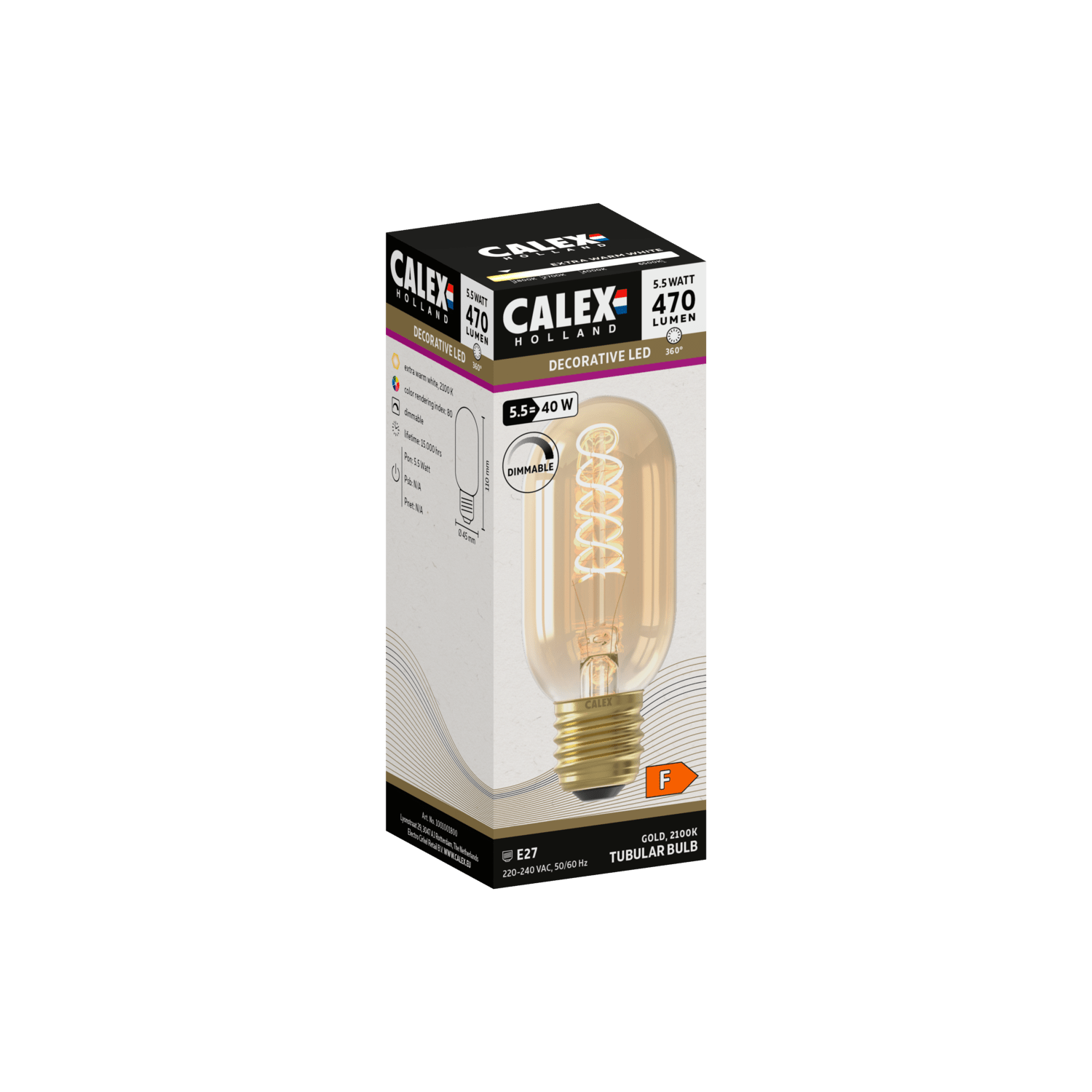 Calex Flex Filament LED Lamp - E27 - T45 - Goud