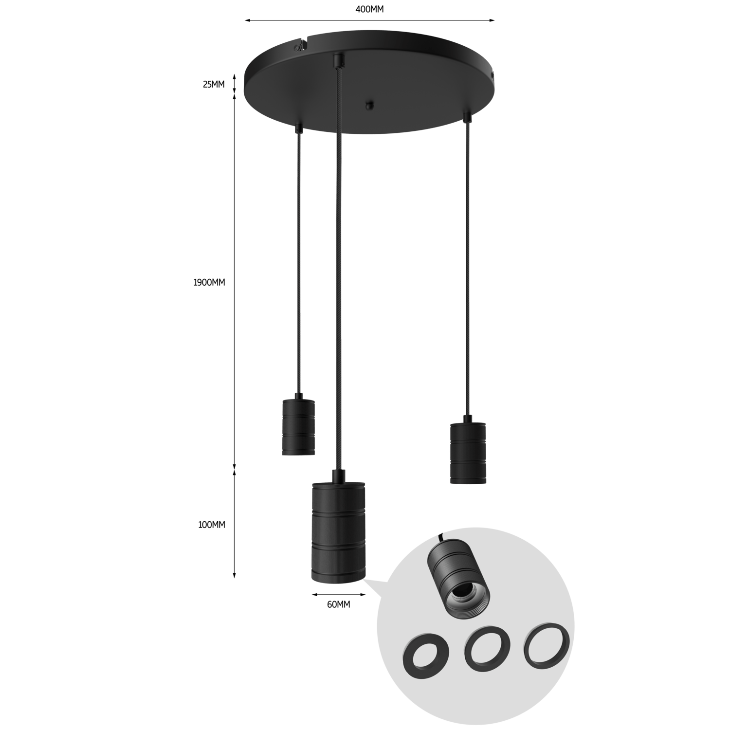 Calex Hanging Lamp Round - 3x E27 - 40cm - Black