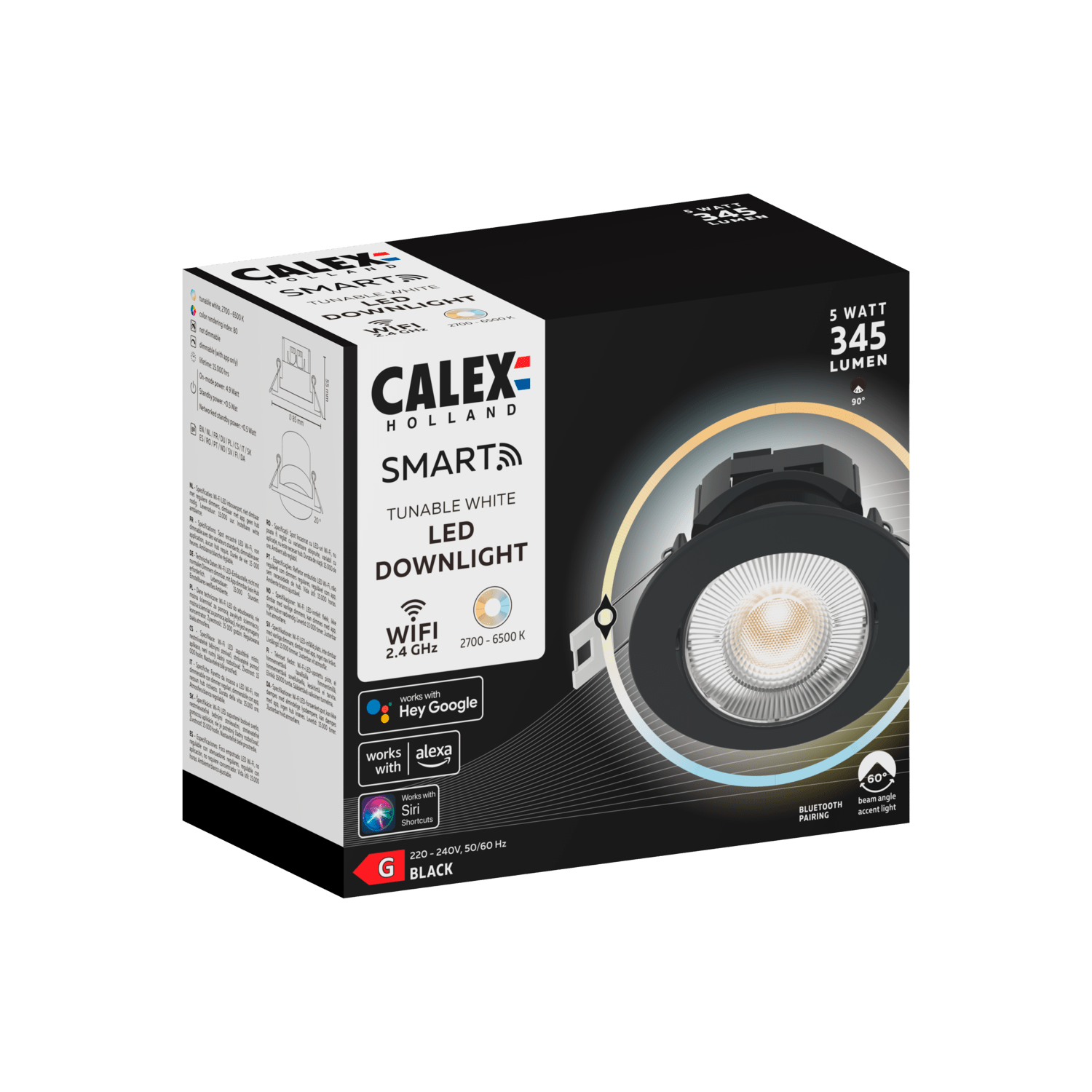 Calex Slimme LED Inbouwspot - Warm Wit - Zwart