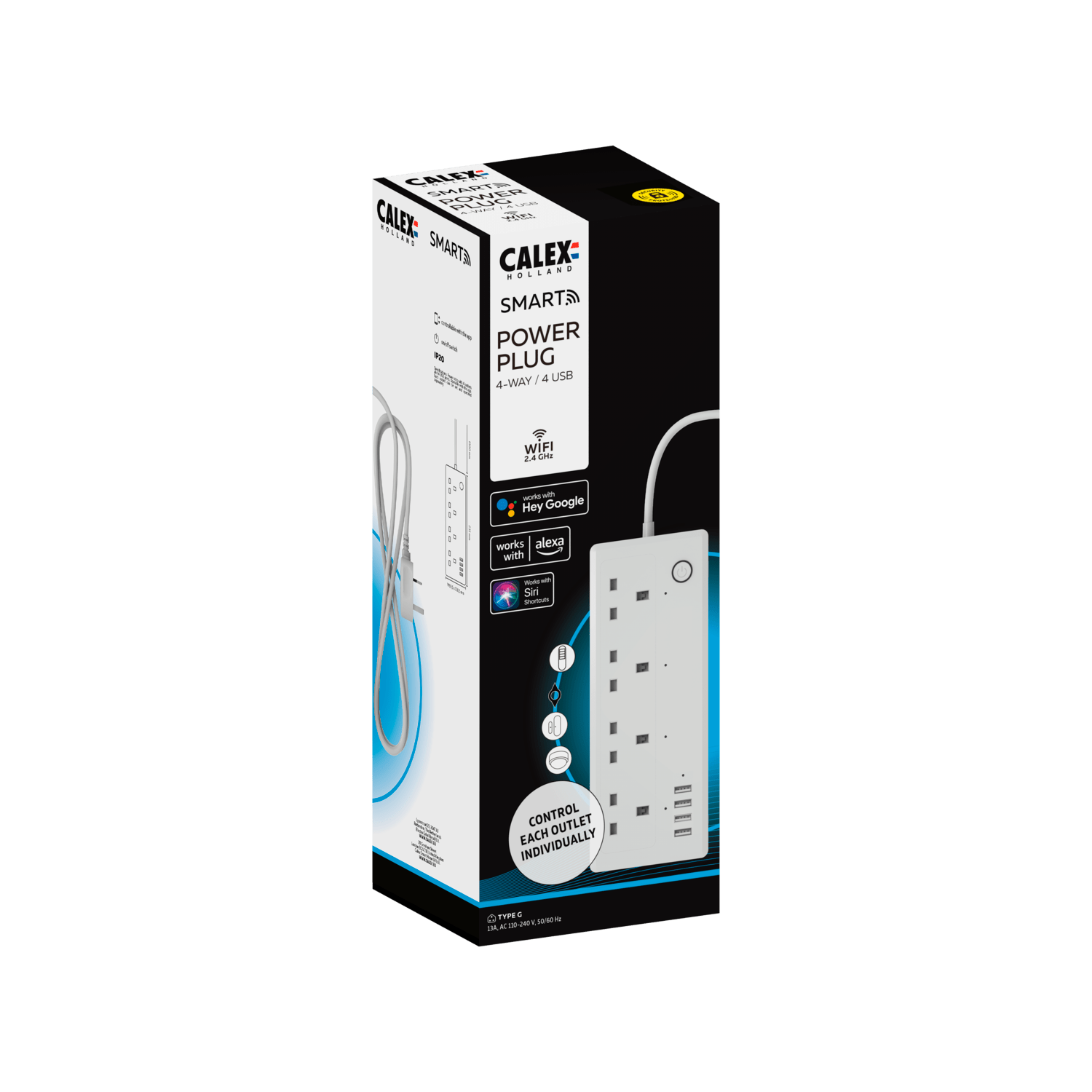 Calex Smart Extension Lead - 4x USB-A - UK Plug