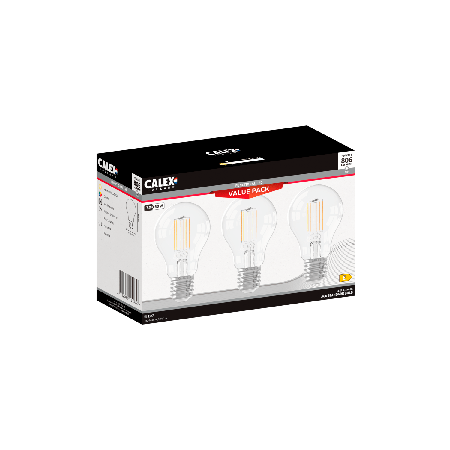 Calex SMD LED Lamp - 3 pack - E27 - A60 - Clear