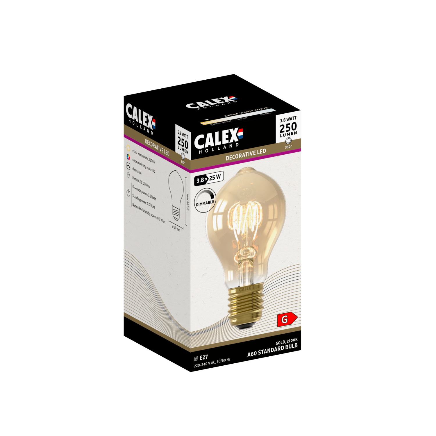 Calex Lampe LED à filament spirale - E27 - A60 - Or