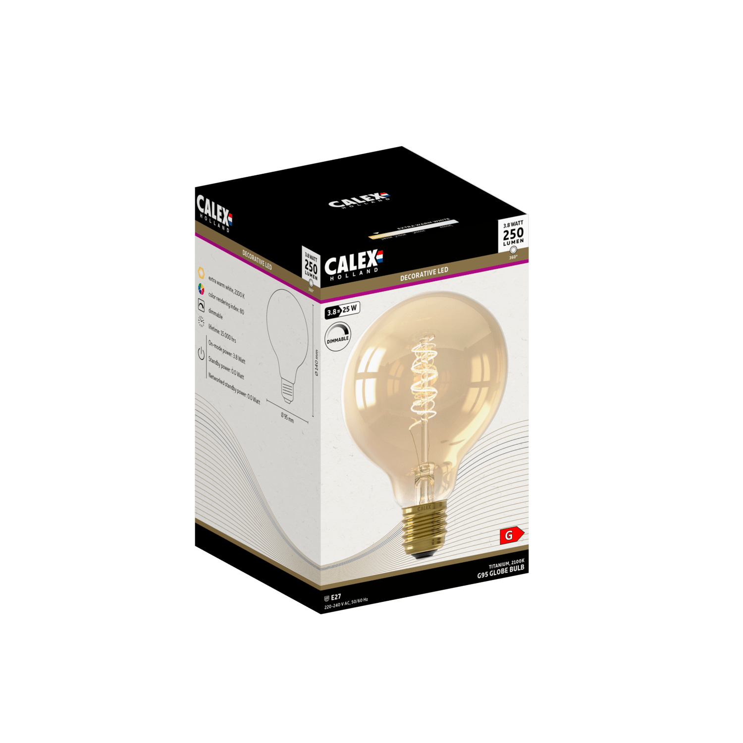 Calex Spiraal Filament LED Lamp - E27 - G95 - Goud