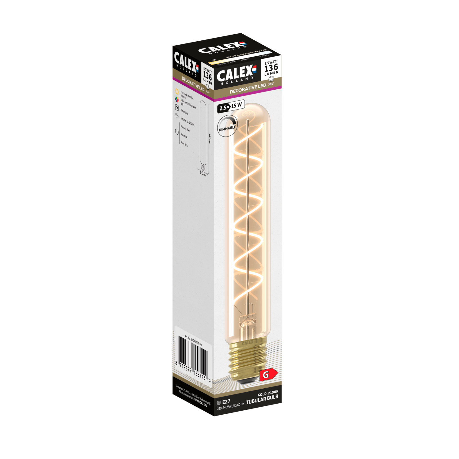 Calex Spiraal Filament LED Lamp - E27 - T32 - Goud