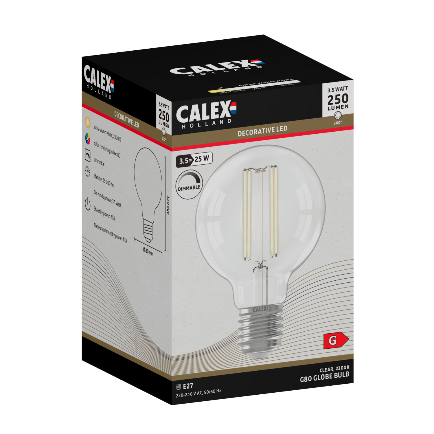 Calex Warm Filament LED Lamp - E27 - G80 - Clear - 3.5W - Dimmable