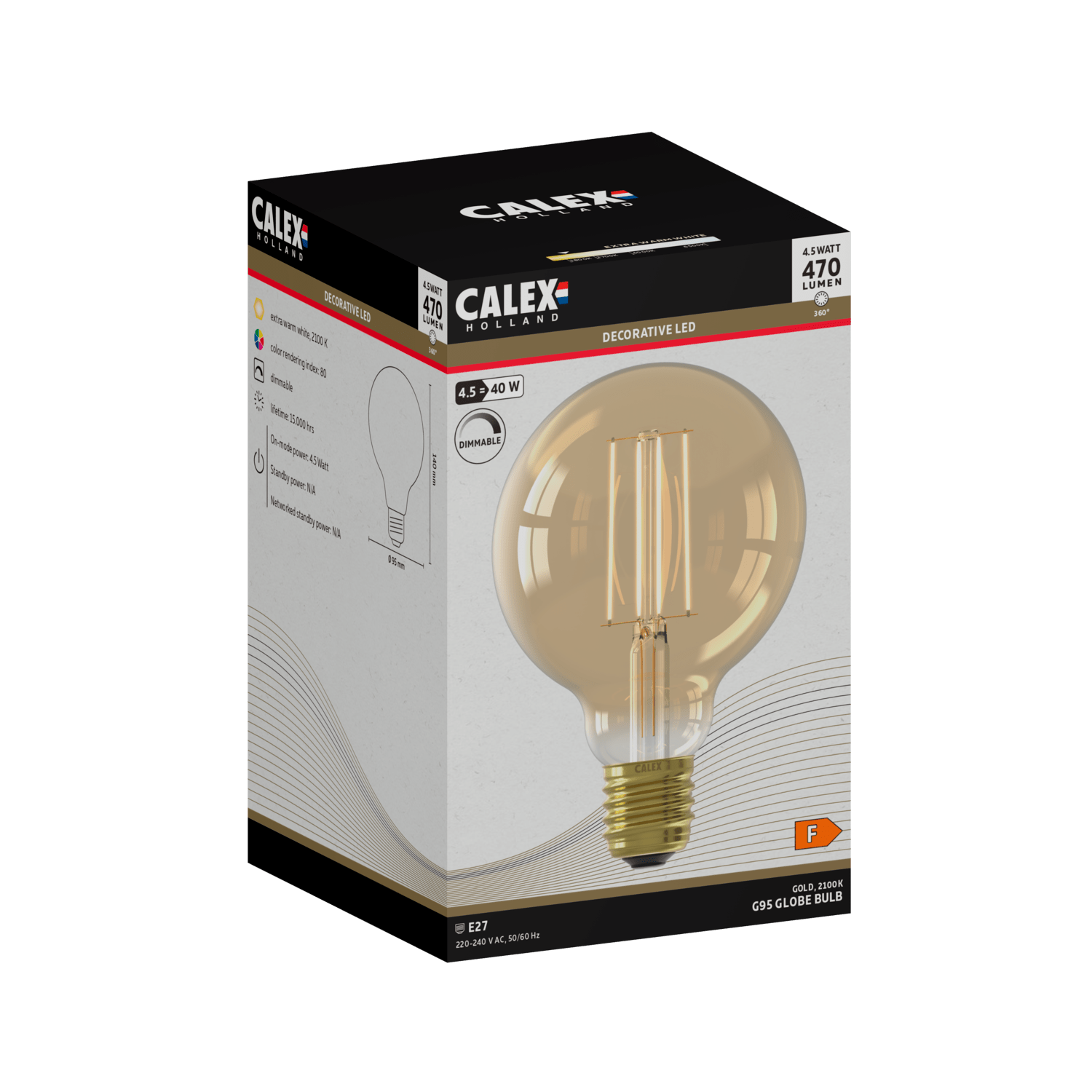 Calex Filament LED-Lampe – Gold – E27 – G95 – 4,5 W – dimmbar