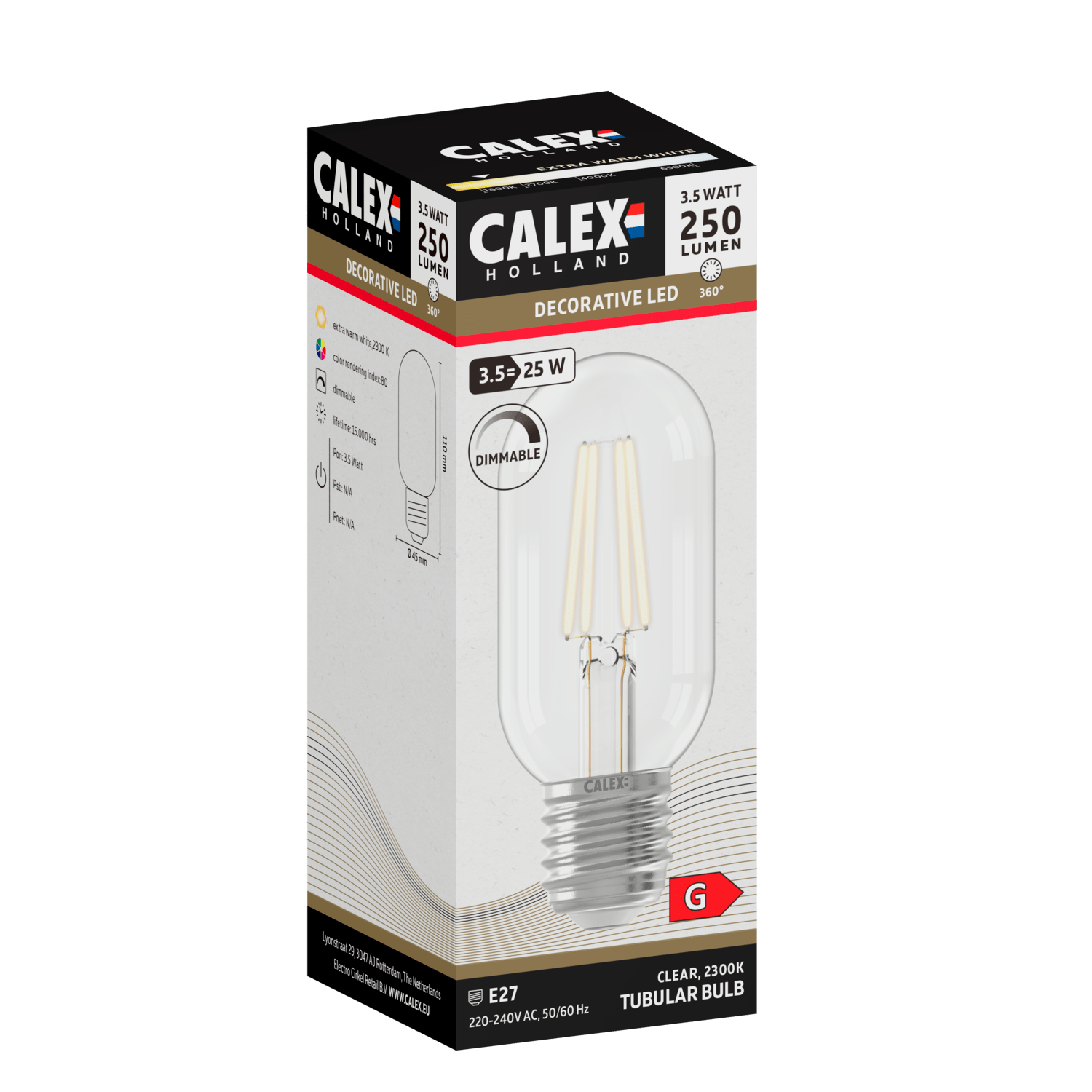Calex Warm Filament LED Lamp - E27 - T45 - Clear - 3.5W - Dimmable